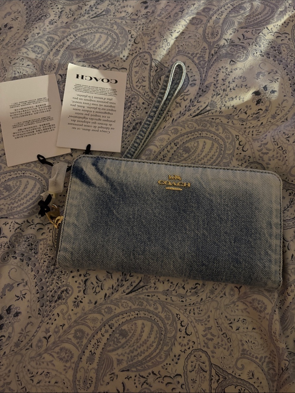 Coach Light Blue Loved Denim Large Full Zip Wallet with Gold Logo
